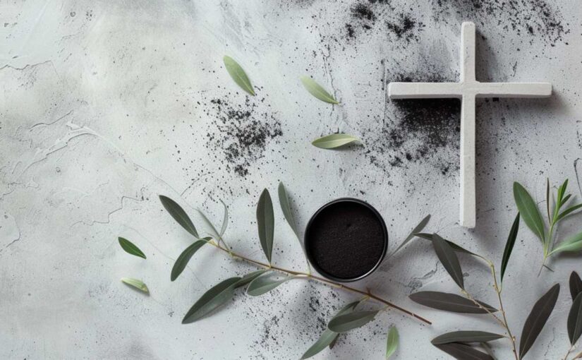 Cruz postrada sobre marmol junto a tierra y plantas de un olivo
